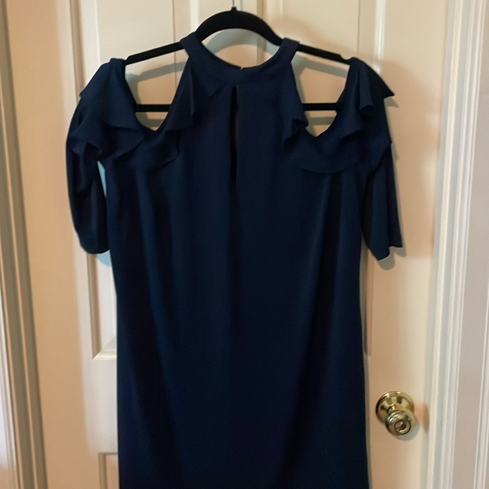 Stunning “cold shoulder” dress. EUC. Worn twice to events. True navy